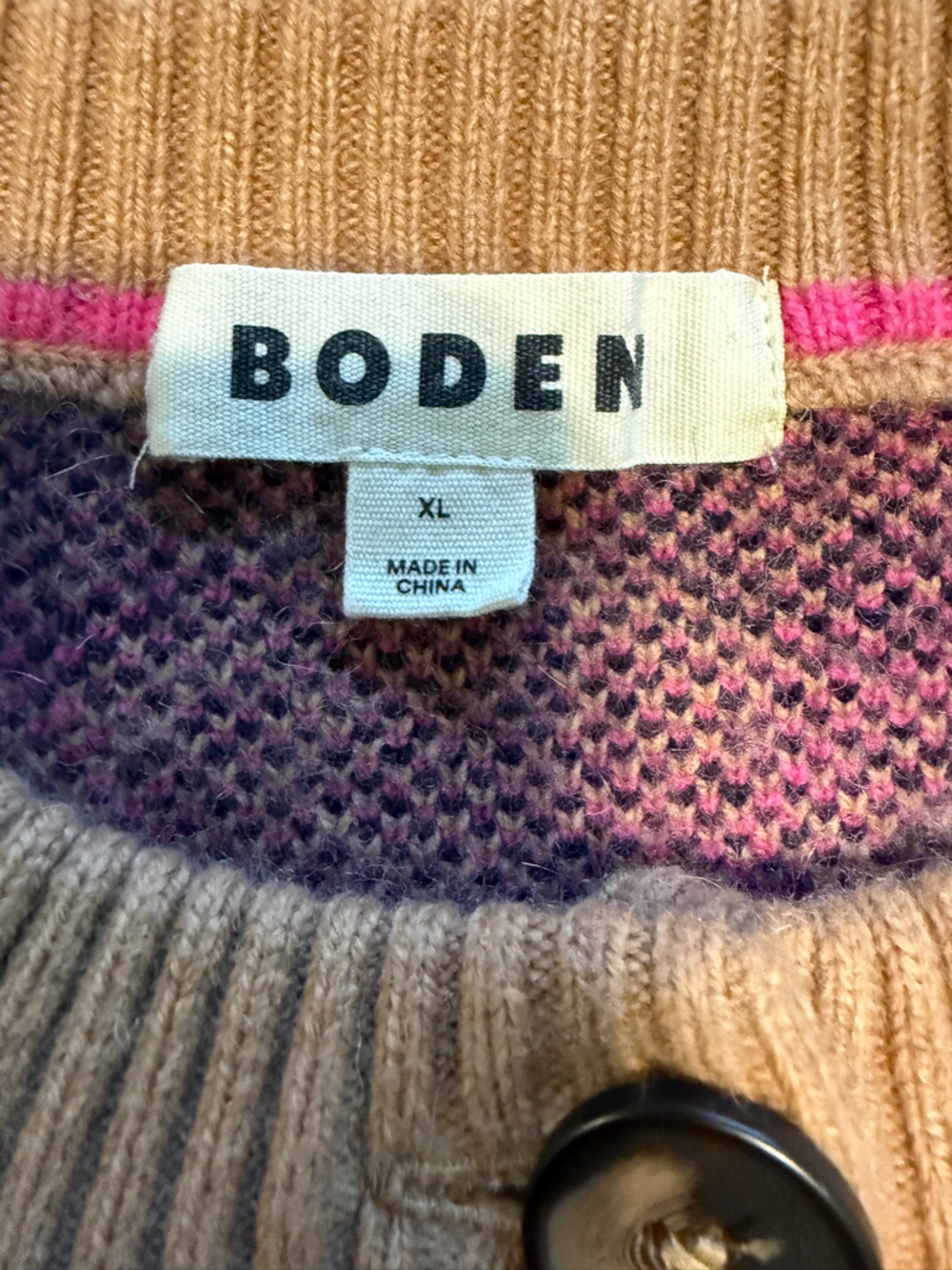 Boden Abi Jacquard Wool Alpaca Cardigan Collegiate Camel Navy Argyle Size XL - Picture 10 of 12